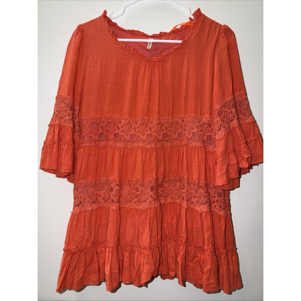 Trendology Orange Woemens Size M Dress Lace Floral Long Shirt 2 Layer